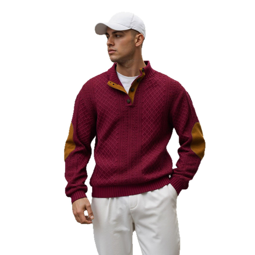 Herren Troyer-Pullover mit Stehkragen, strukturierter Strickoptik und Kontrast-Ellbogenpatches Drune