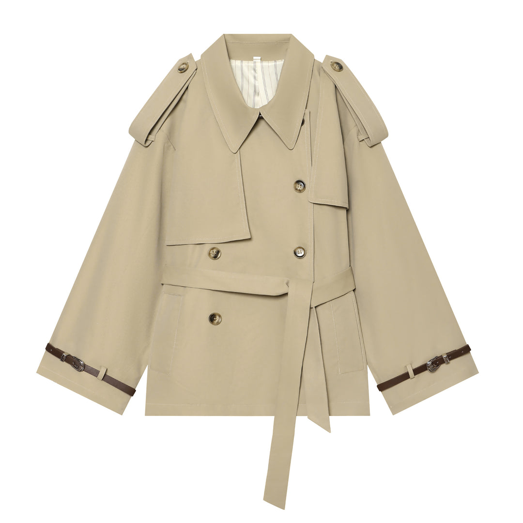 Damen nan kurzgeschnittene Cape-Trenchjacke mit doppelreihiger Knopfleiste und Taillengürtel Drune
