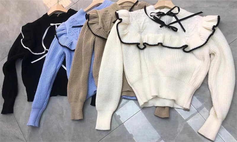 Damen Strickpullover mit Rüschenkragen und dekorativen Schleifen Drune