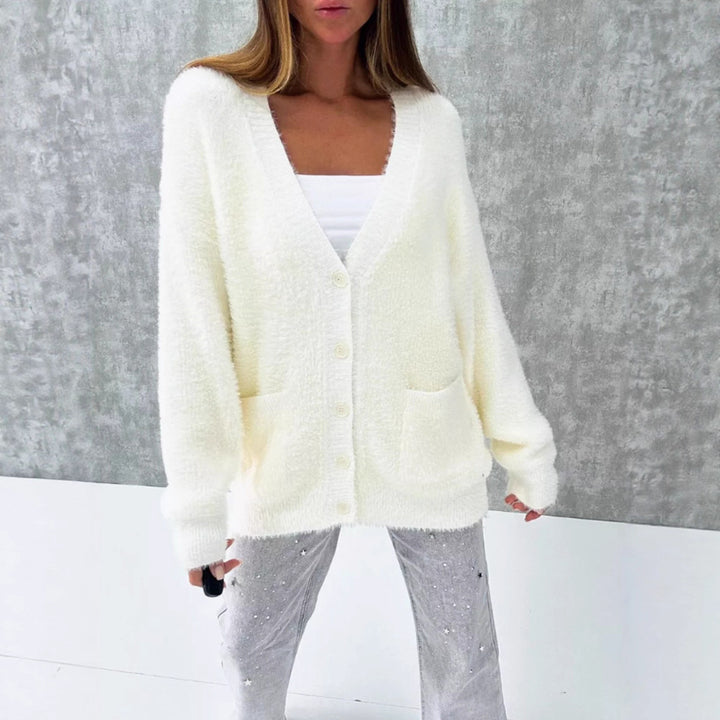 Damen Flauschiger Oversize-Cardigan mit tiefer V-Ausschnitt, Knopfleiste und Eingrifftaschen Drune