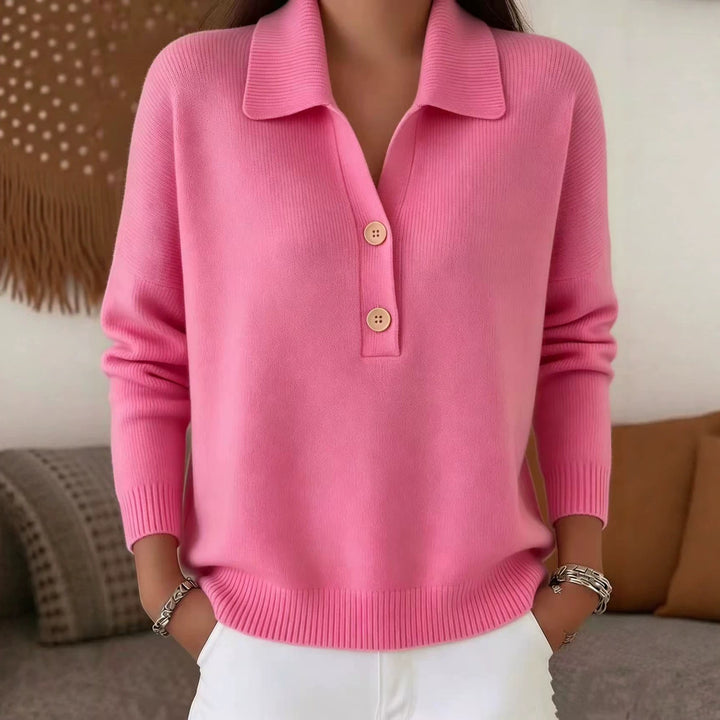 Damen lässiger Feinstrickpullover mit Polokragen und Zwei-Knopf-Leiste Drune