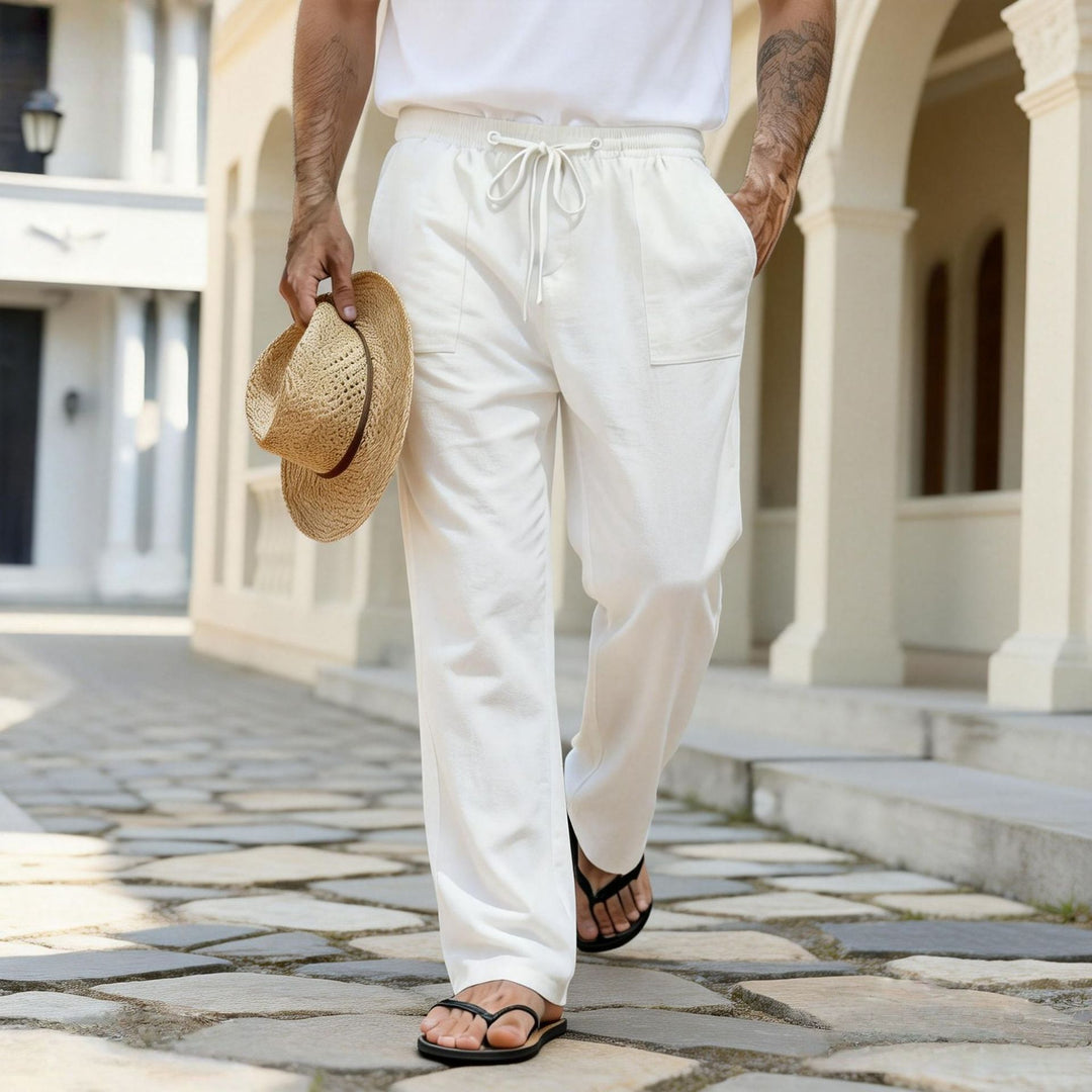 Herren leichte Leinenhose mit elastischem Bund und Kordelzug Drune