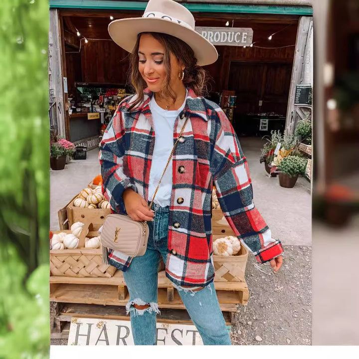 Damen Oversized Kariertes Flanell‑Shacket mit Brusttaschen und Holzknöpfen Drune