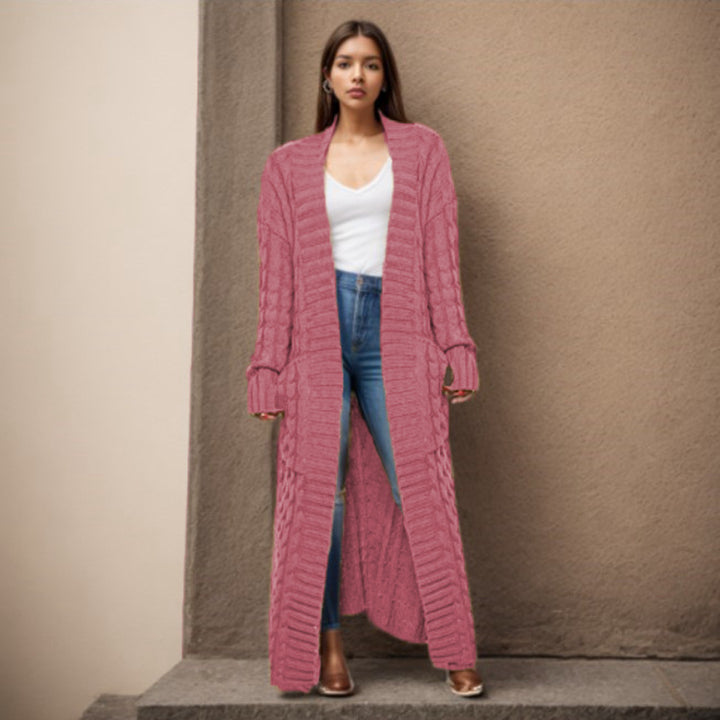 Damen Langer Strickcardigan mit strukturiertem Zopfmuster und praktischen Taschen Drune