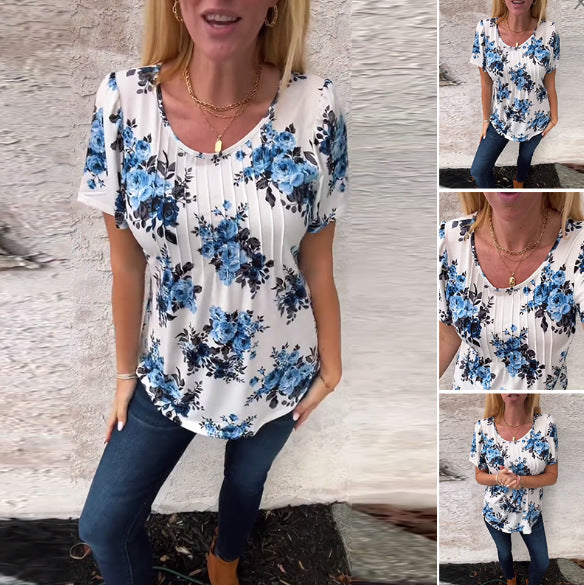 Damen nan locker geschnittenes Kurzarm-Blusenshirt mit Kellerfalten und floralem Druck Drune