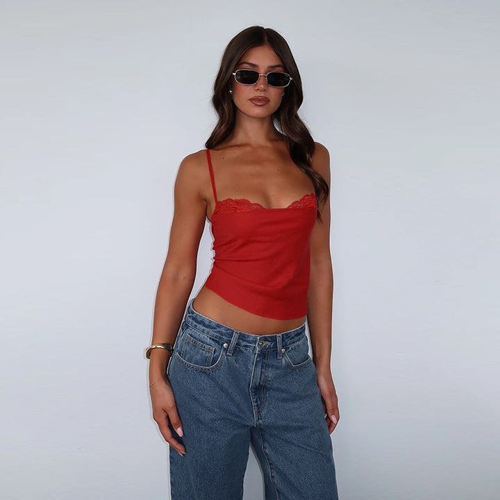 Damen elegantes Spaghetti-Top mit feinem Spitzenbesatz Drune