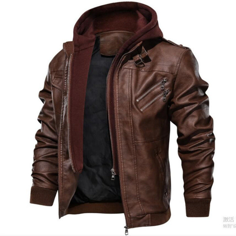 Herren Lederjacke im modernen Biker-Stil mit abnehmbarer Kapuze Drune