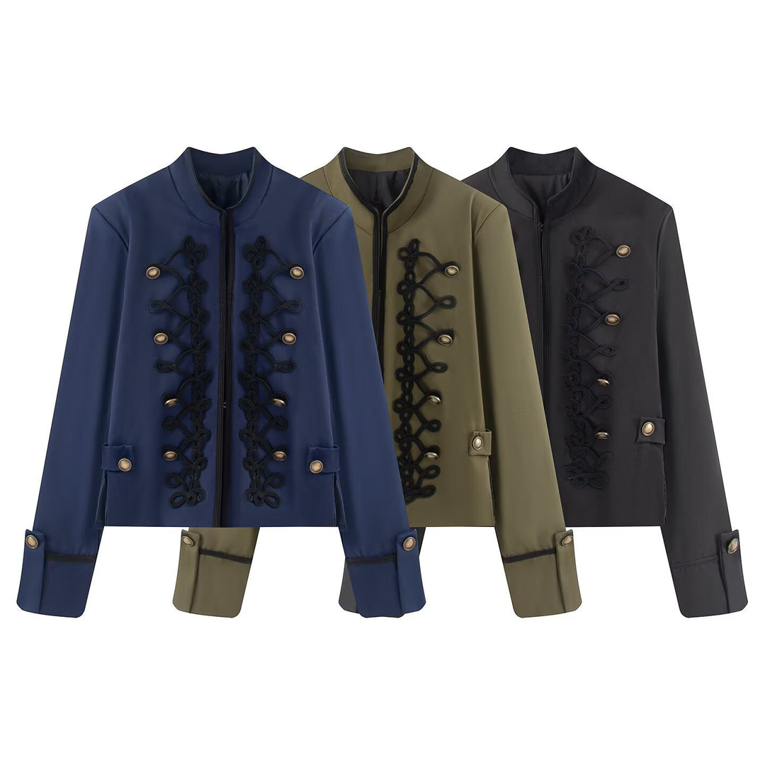 Damen Kurzjacke im Militärestil mit Stehkragen Kordverzierung und Zierknöpfen Drune
