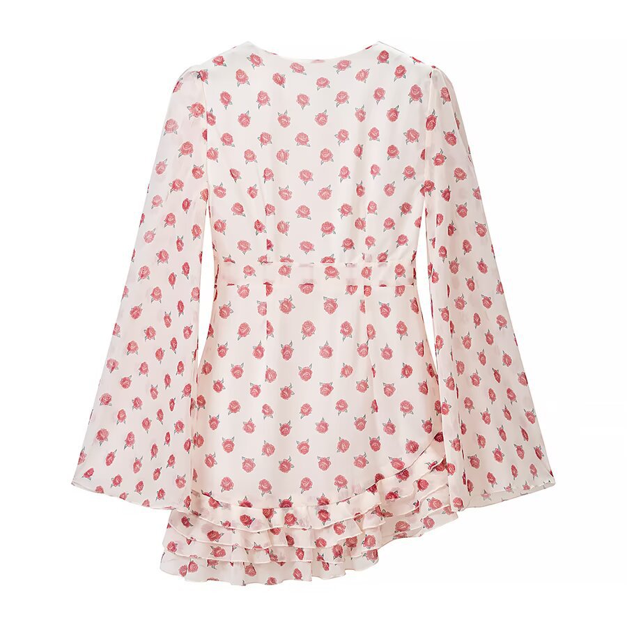 Damen Fließende Chiffonbluse mit floralem Print, tiefem V-Ausschnitt und Volantstufen Drune