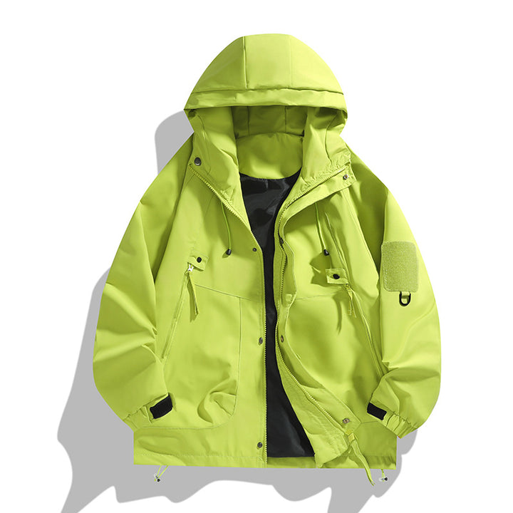 Herren atmungsaktive Utility-Kapuzenjacke mit verdecktem Reißverschluss, Multi-Taschen und verstellbaren Ärmelabschlüssen Drune