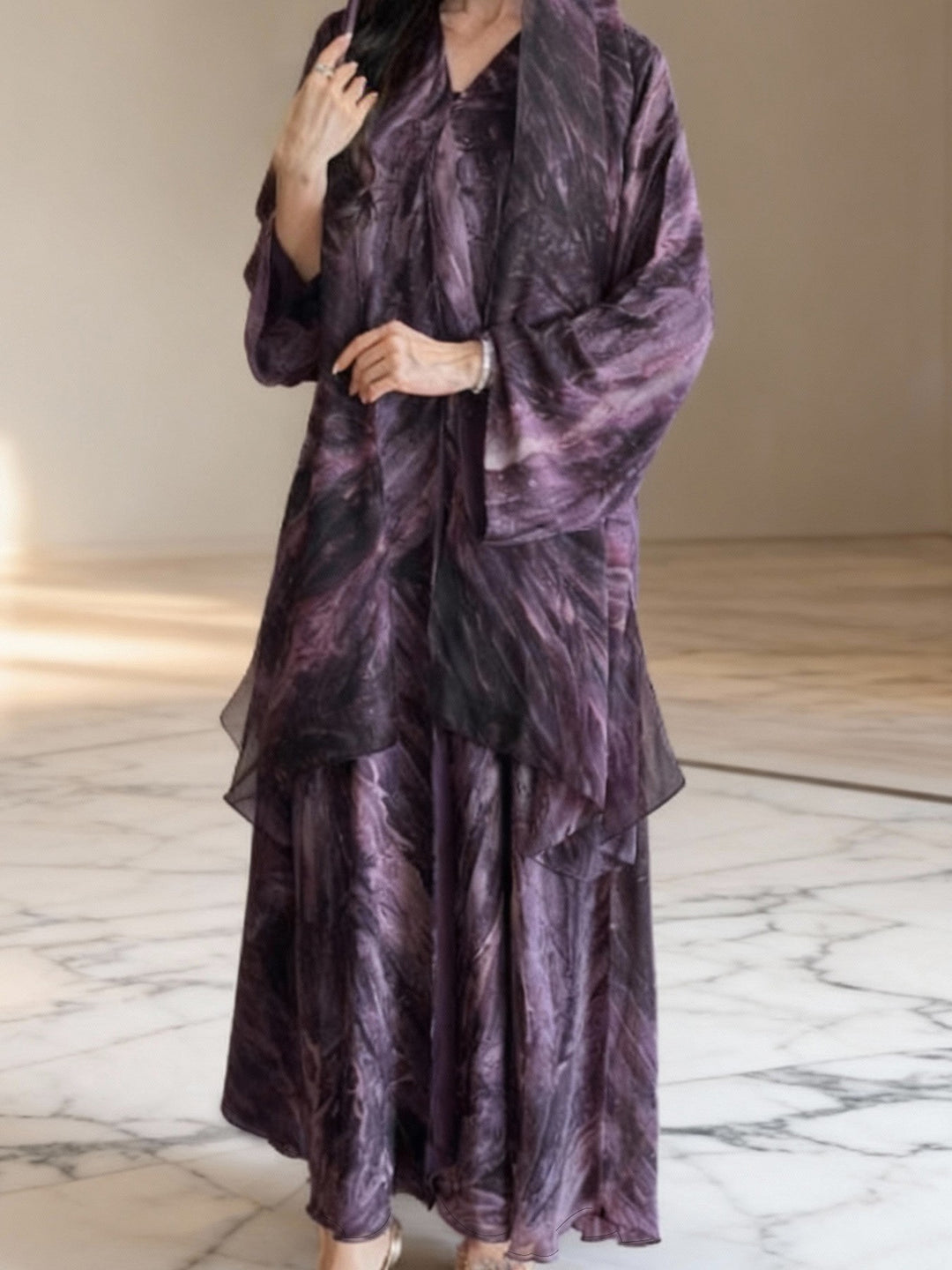Damen nan langes fließendes Kapuzenkaftan Kleid mit weitem Arm und mehrlagigem Chiffon Drune