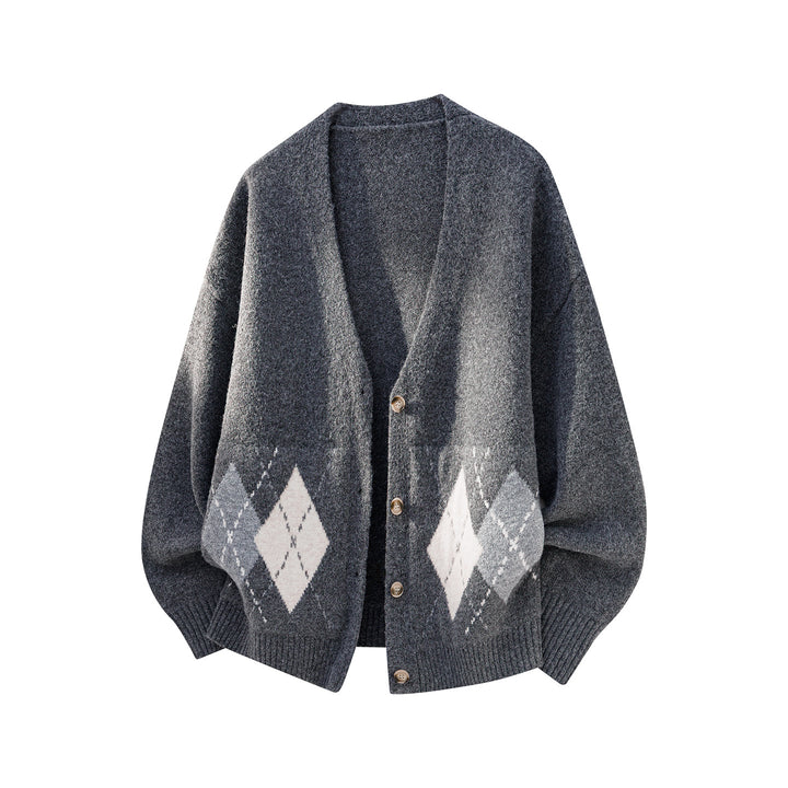 Damen Oversized Strickcardigan mit Argyle-Muster und V-Ausschnitt Drune