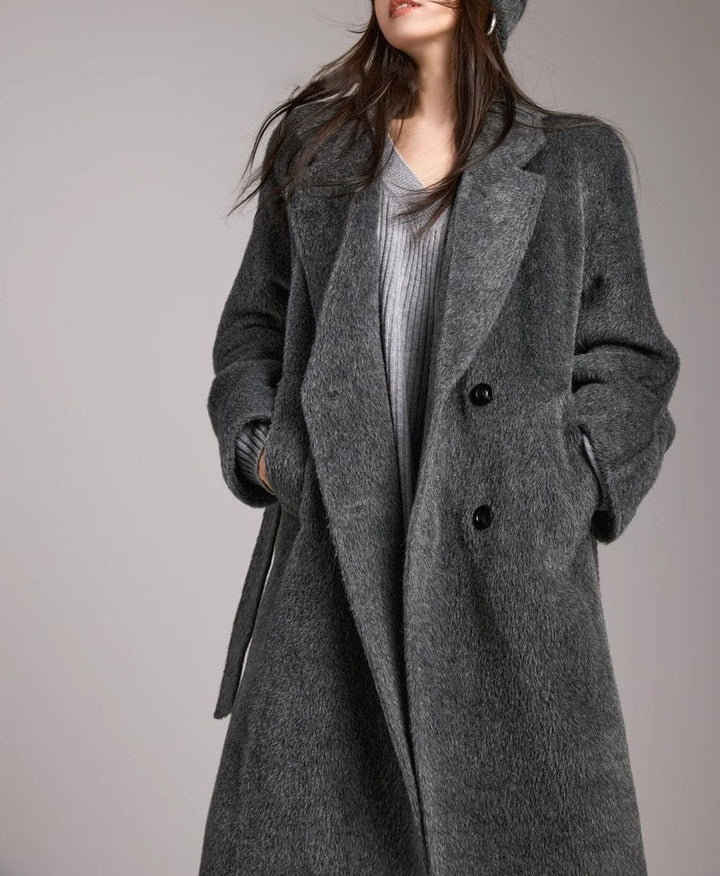 Damen Modischer und eleganter Bouclé-Mantel mit doppelter Knopfleiste Drune