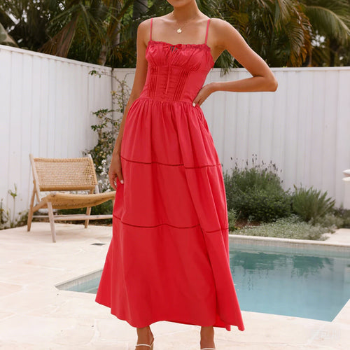 Damen Maxi-Kleid mit gerafftem Oberteil und verstellbaren Trägern Drune