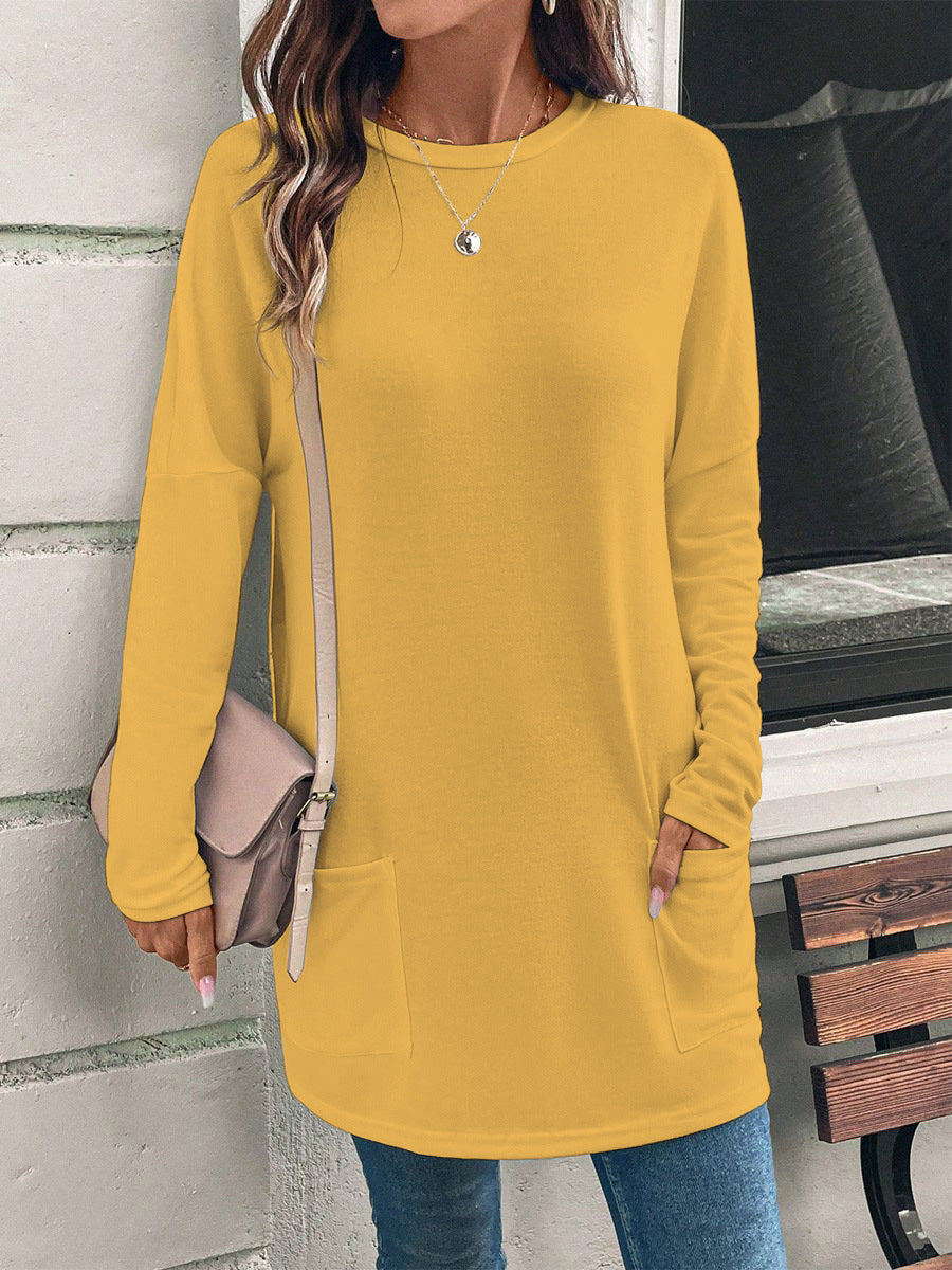 Weit geschnittene lange Tunika für Damen mit rundem Ausschnitt, seitlichen Taschen und weichem Jersey Drune