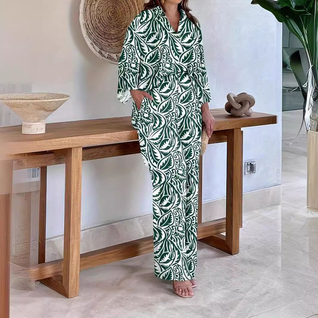 Damen Gemustertes Kimono-Lounge-Set mit weitem Palazzohose aus leichtem Viskose-Mix Drune