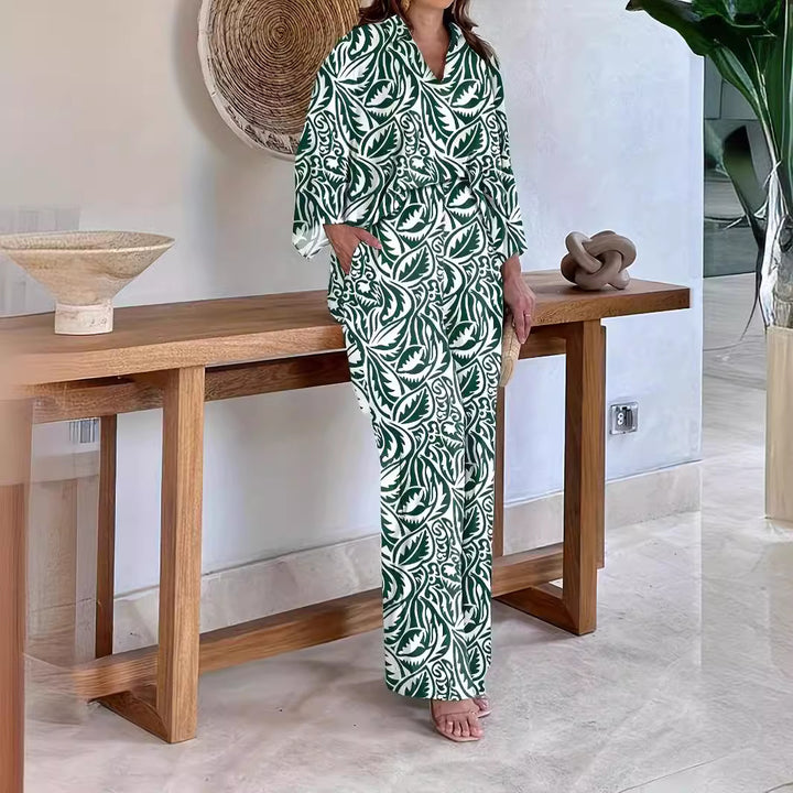 Damen Gemustertes Kimono-Lounge-Set mit weitem Palazzohose aus leichtem Viskose-Mix Drune