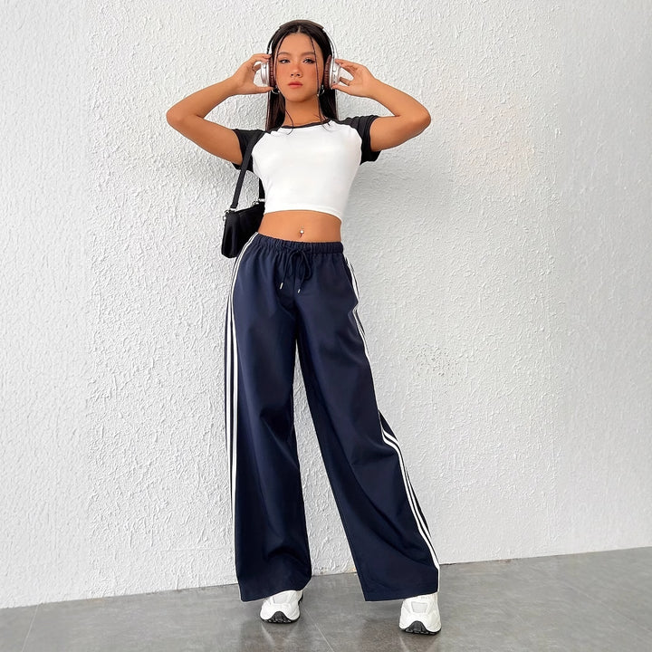 Damen Freizeithosen mit hoher Taille und sportlichen Streifen Drune