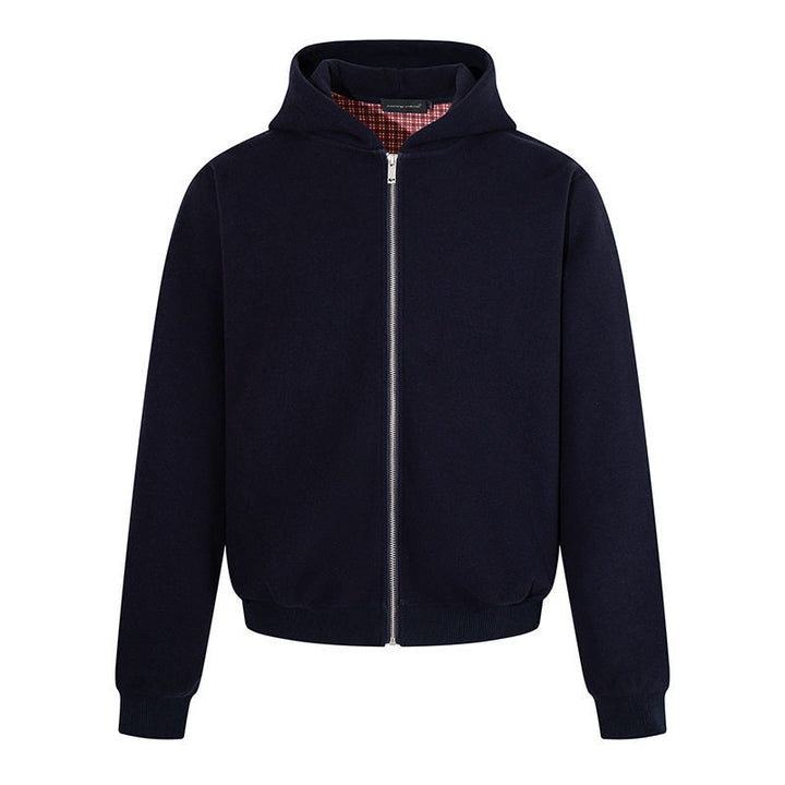 Herren Kapuzen‑Sweatjacke mit karierter Kapuzenfütterung, Metallreißverschluss und geripptem Saum Drune