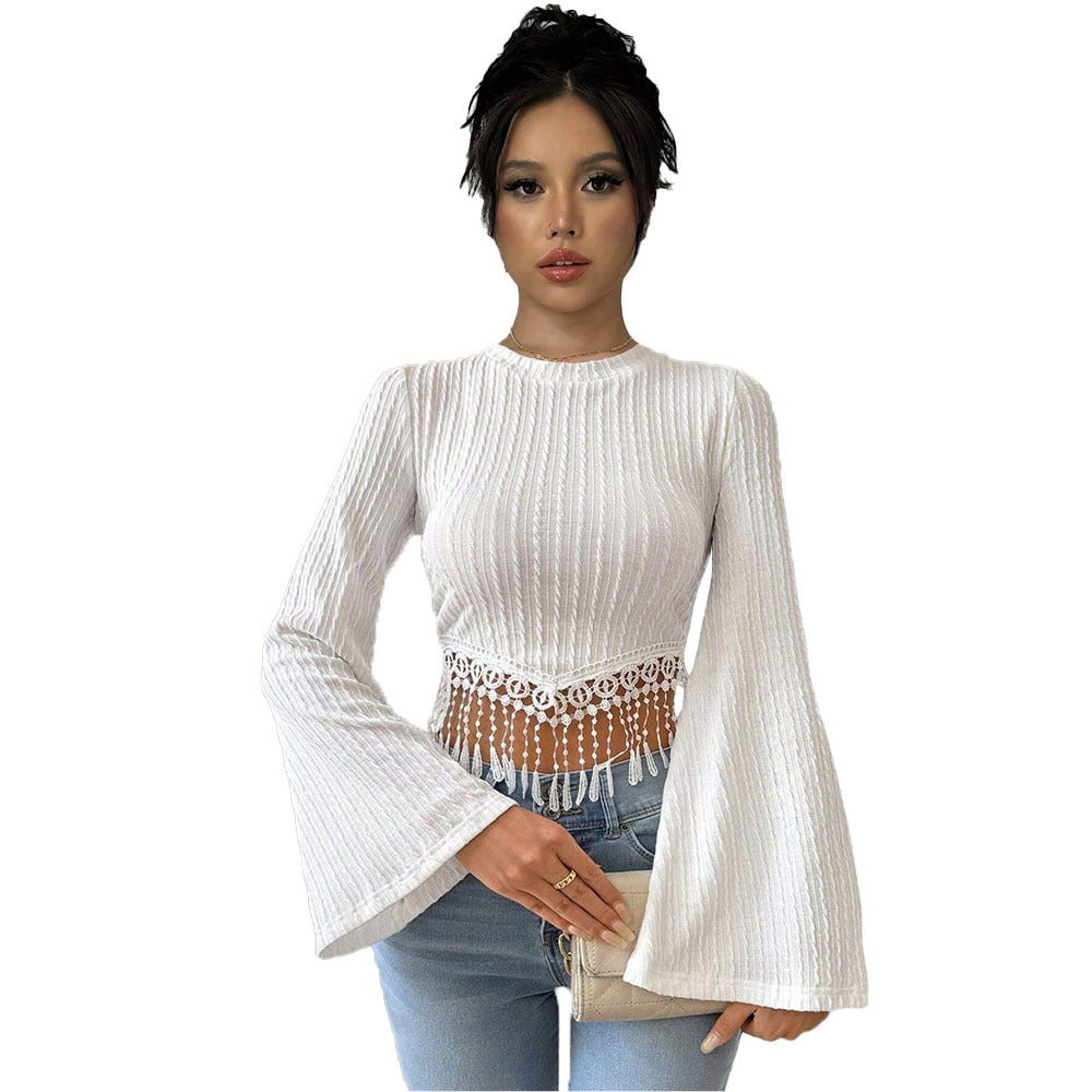 Damen gehäkeltes Spitzen-Crop-Top mit ausgestellten Trompetenärmeln und Häkelfransen Drune