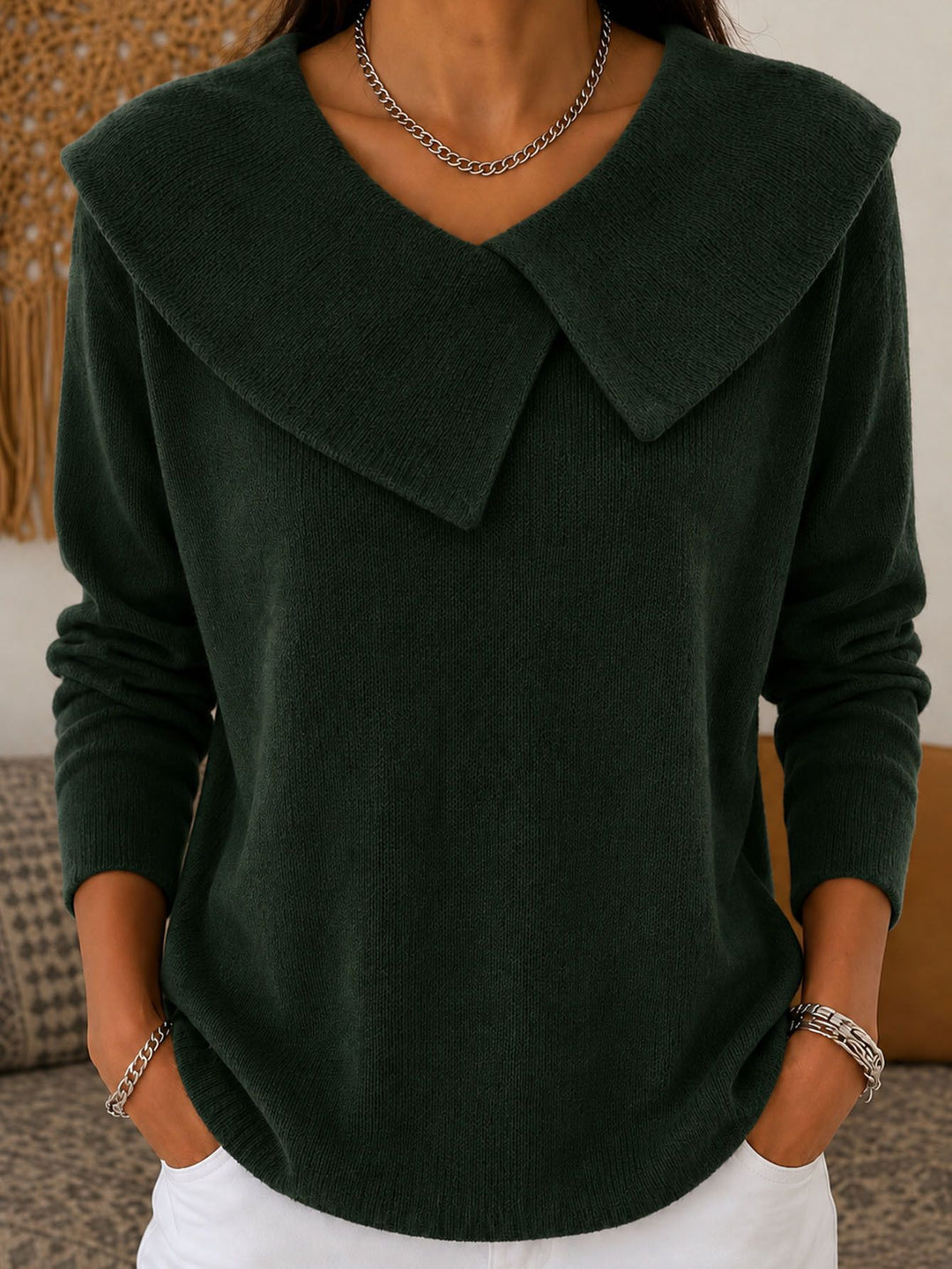 Damen Grobgestrickter Strickpullover mit übergroßem Matrosenkragen Drune