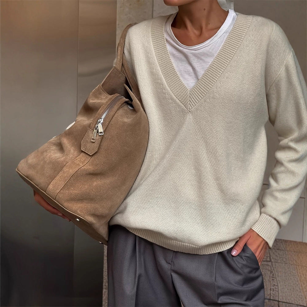 Damen Oversize V-Ausschnitt Pullover aus Kaschmir-Mix mit geripptem Saum Drune
