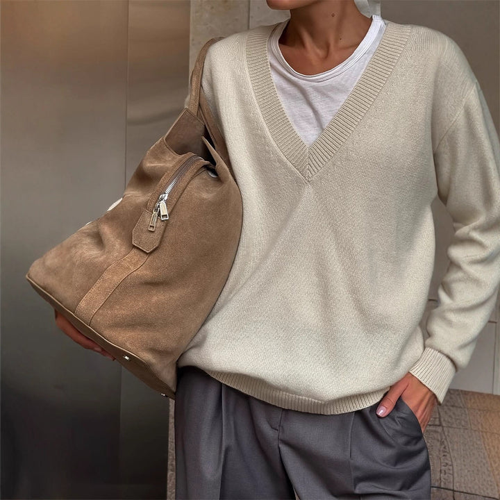 Damen Oversize V-Ausschnitt Pullover aus Kaschmir-Mix mit geripptem Saum Drune