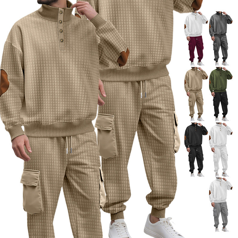 Herren nan Karo-Relief-Sweatset mit Stehkragen-Knopfleiste, Velours-Ellenbogenpatches und Cargo-Jogger Drune