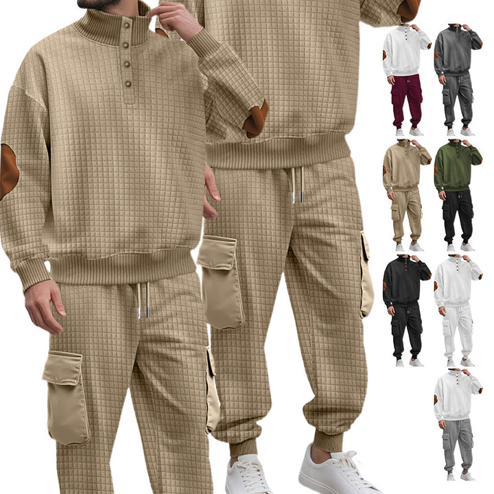 Herren nan Karo-Relief-Sweatset mit Stehkragen-Knopfleiste, Velours-Ellenbogenpatches und Cargo-Jogger Drune