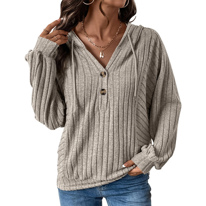 Damen Gerippter Kapuzenpullover mit V‑Ausschnitt, Knopfleiste und Oversize-Ärmeln Drune