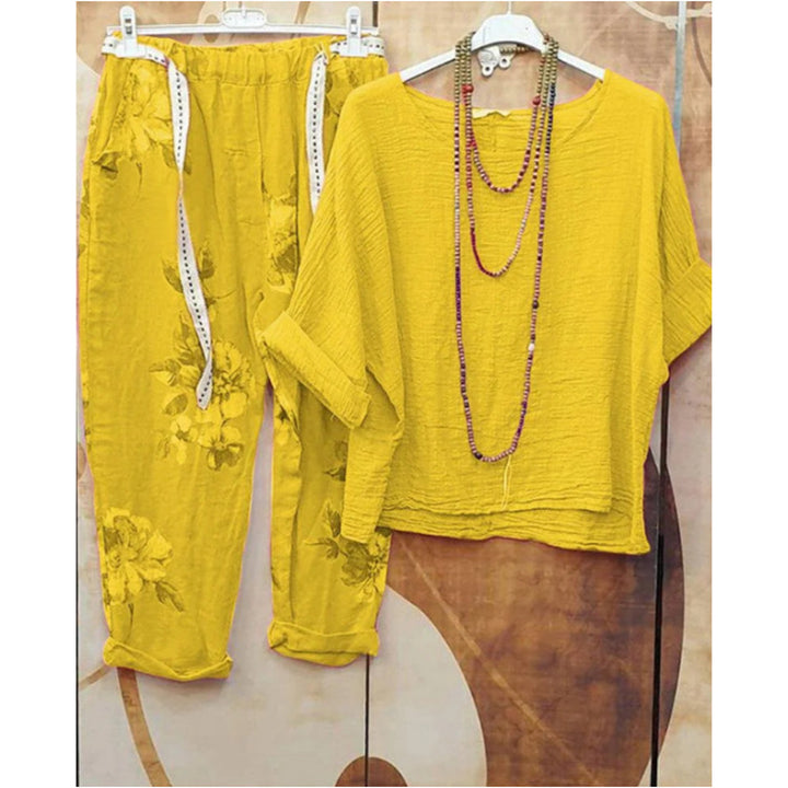 Damen nan leichtes Crinkle-Zweiteiler-Set mit lockerem U-Boot-Top und floral bedruckter Joggerhose Drune