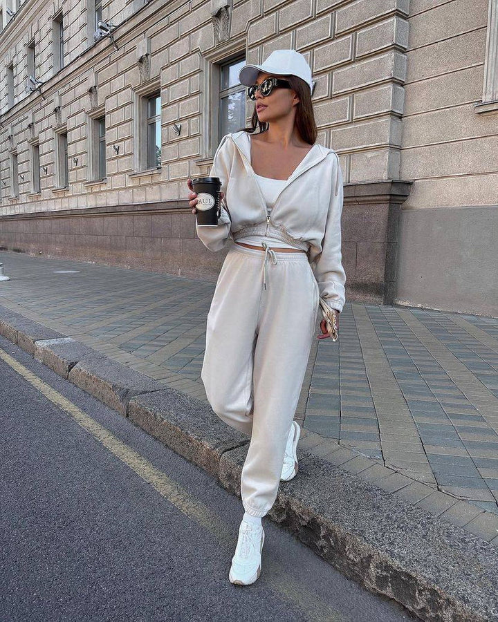 Damen kurzes Reißverschluss-Hoodie mit elastischem Bund und High-Waist Jogginghose aus Baumwollmix Drune