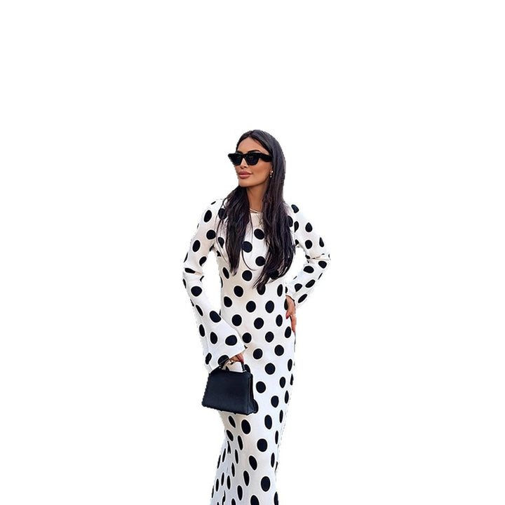 Damen Figurbetontes Polka-Dot Maxikleid mit Trompetenärmeln & Rundhalsausschnitt Drune
