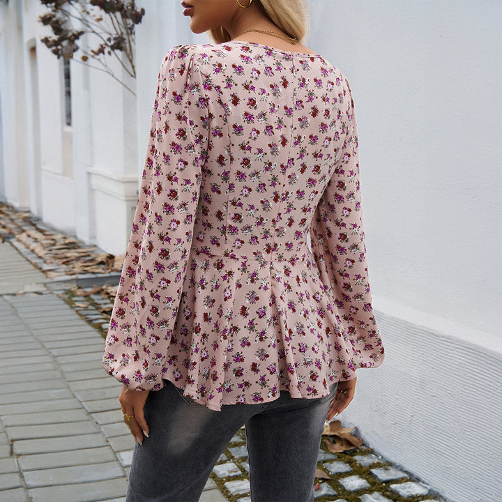 Damen nan taillierte Blumenbluse mit quadratischem Ausschnitt, Raffung und Schößchen-Silhouette Drune
