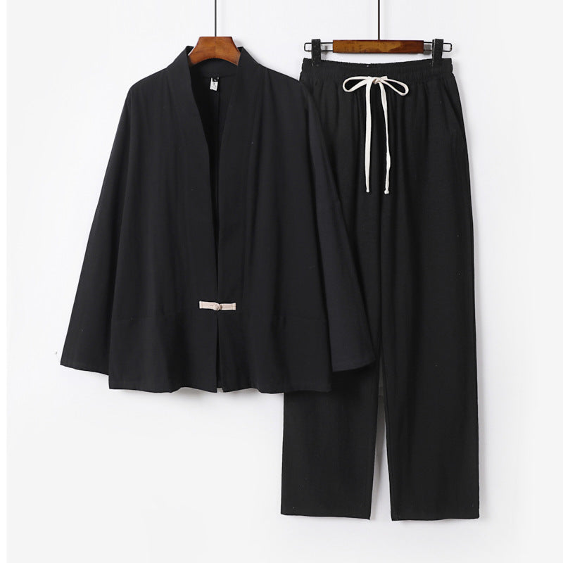 Herren Zen-inspiriertes Kimono-Loungewear-Set aus leichter Baumwollmischung mit offenem Schnitt und Kordelbundhose Drune