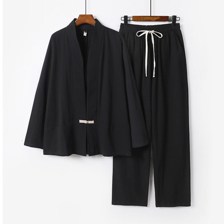 Herren Zen-inspiriertes Kimono-Loungewear-Set aus leichter Baumwollmischung mit offenem Schnitt und Kordelbundhose Drune