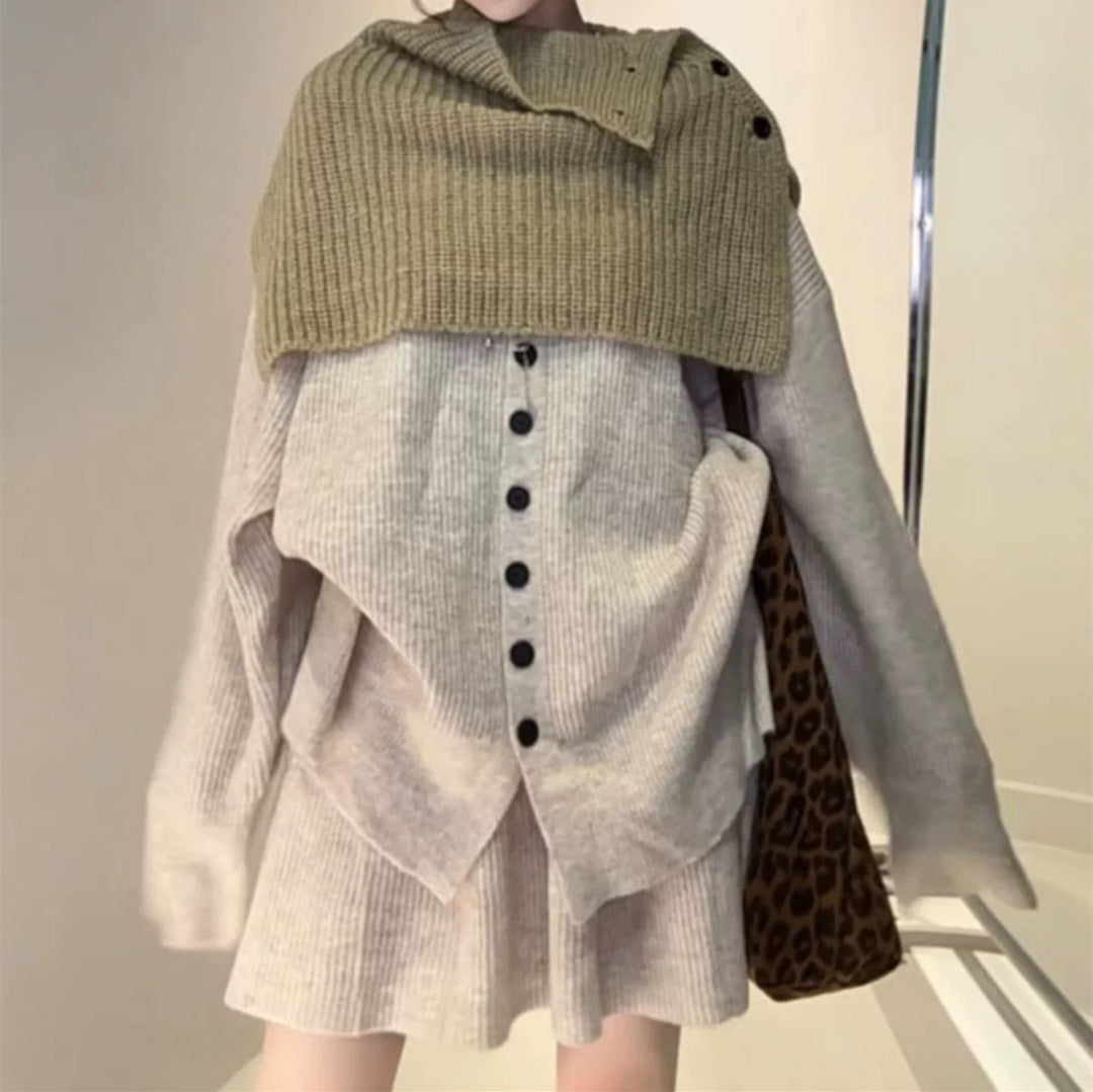 Damen Strickensemble mit kragenlosem Design und asymmetrischer Knopfdetail Drune