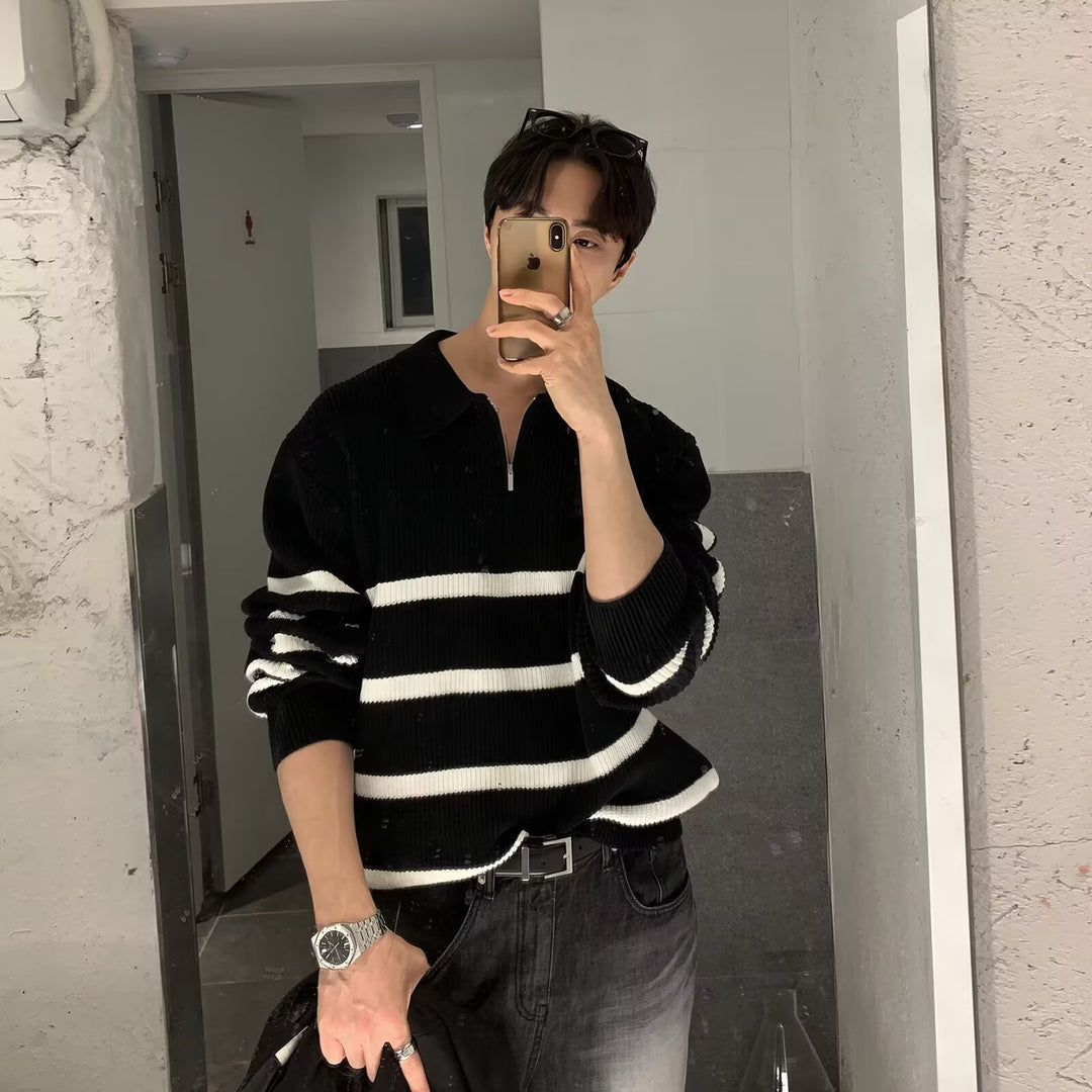 Herren Modischer Kurzarm Pullover mit Streifen Drune