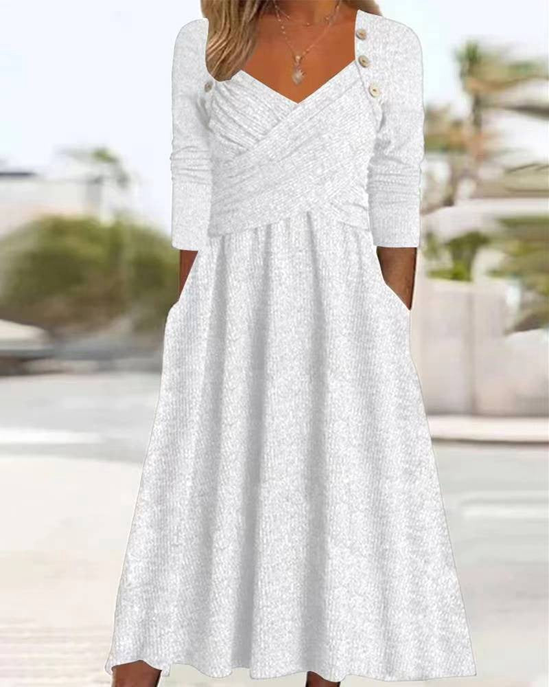 Damen nan legeres Strick-Maxikleid mit Wickeloberteil V-Ausschnitt Eingrifftaschen und Zierknopfleiste Drune