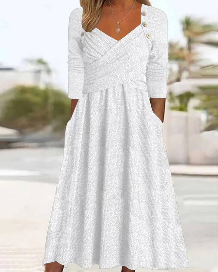 Damen nan legeres Strick-Maxikleid mit Wickeloberteil V-Ausschnitt Eingrifftaschen und Zierknopfleiste Drune