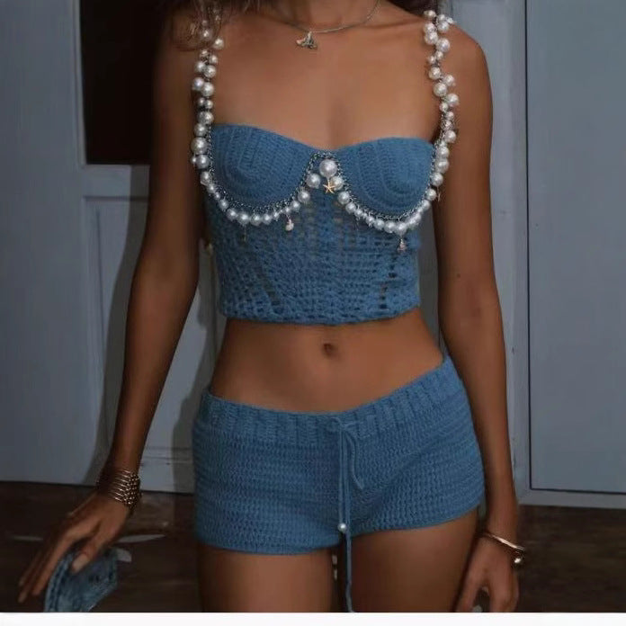 Damen Kuscheliges Häkeloberteil mit perlenbesetztem Träger und Shorts Drune