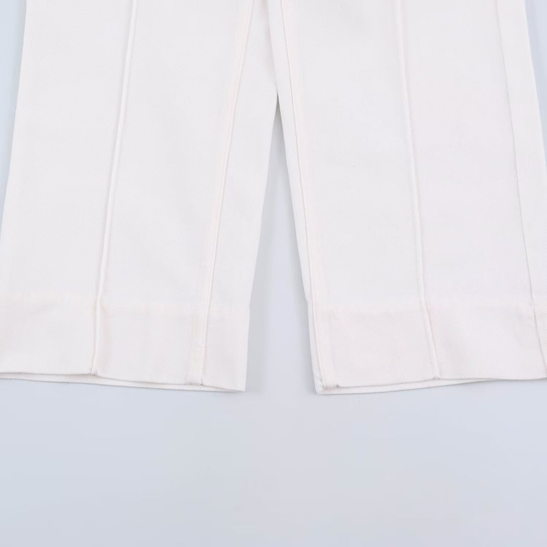 Damen weite Jeanshose mit hoher Taille, Bügelfalte und aufgesetzten Taschen Drune