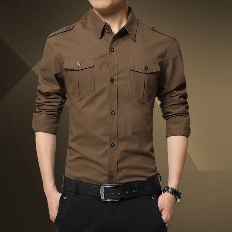 Herren Slim-Fit Baumwoll-Mix Utility-Hemd mit Schulterklappen und Brustpattentaschen Drune
