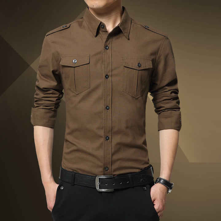 Herren Slim-Fit Baumwoll-Mix Utility-Hemd mit Schulterklappen und Brustpattentaschen Drune