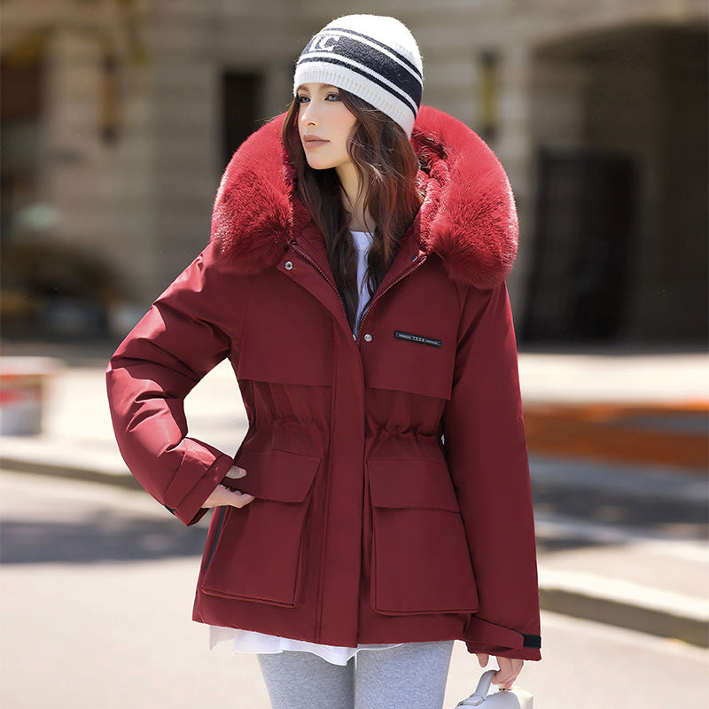 Damen Elegante und warme Winterjacke mit abnehmbarem Kunstfellkragen und praktischen Taschen Drune