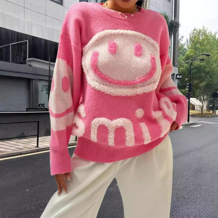 Damen Strickpullover mit fröhlichem Emoji-Motiv und komfortablem Schnitt Drune