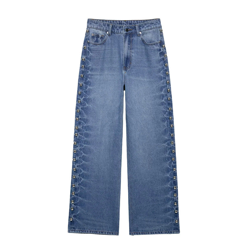Damen nan weite Highwaist Jeanshose mit Metallösen und seitlicher Schnürung Drune