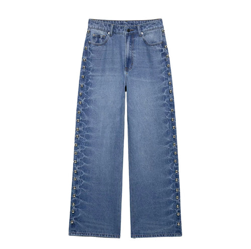 Damen nan weite Highwaist Jeanshose mit Metallösen und seitlicher Schnürung Drune