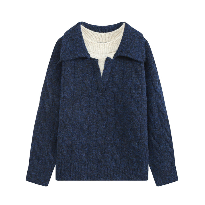 Damen Oversize Zopfstrickpullover mit weitem Umlegekragen und innerem Rippkragen Drune