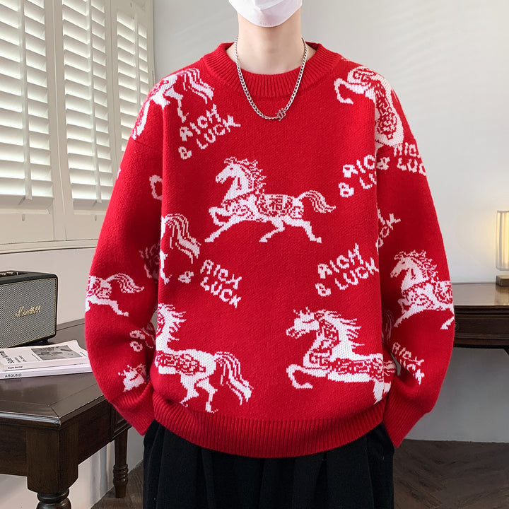 Herren Verspielter Grobstrickpullover mit Pferdemotiv Drune